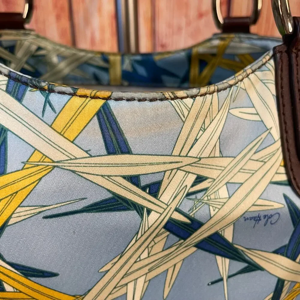 Cole Haan Scarf Print Satchel Sateen Blue Yellow Brown Leather Trim GUC